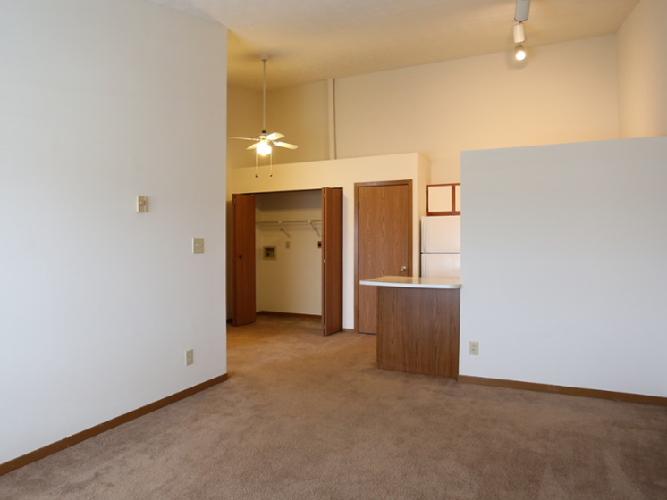 Image of a carpeted room and kitchen